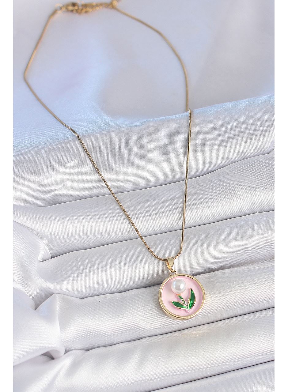 316L Çelik Gold Renk Zincir Pembe Mineli İncili Çiçek İşlemeli Portre Model Kadın Kolye