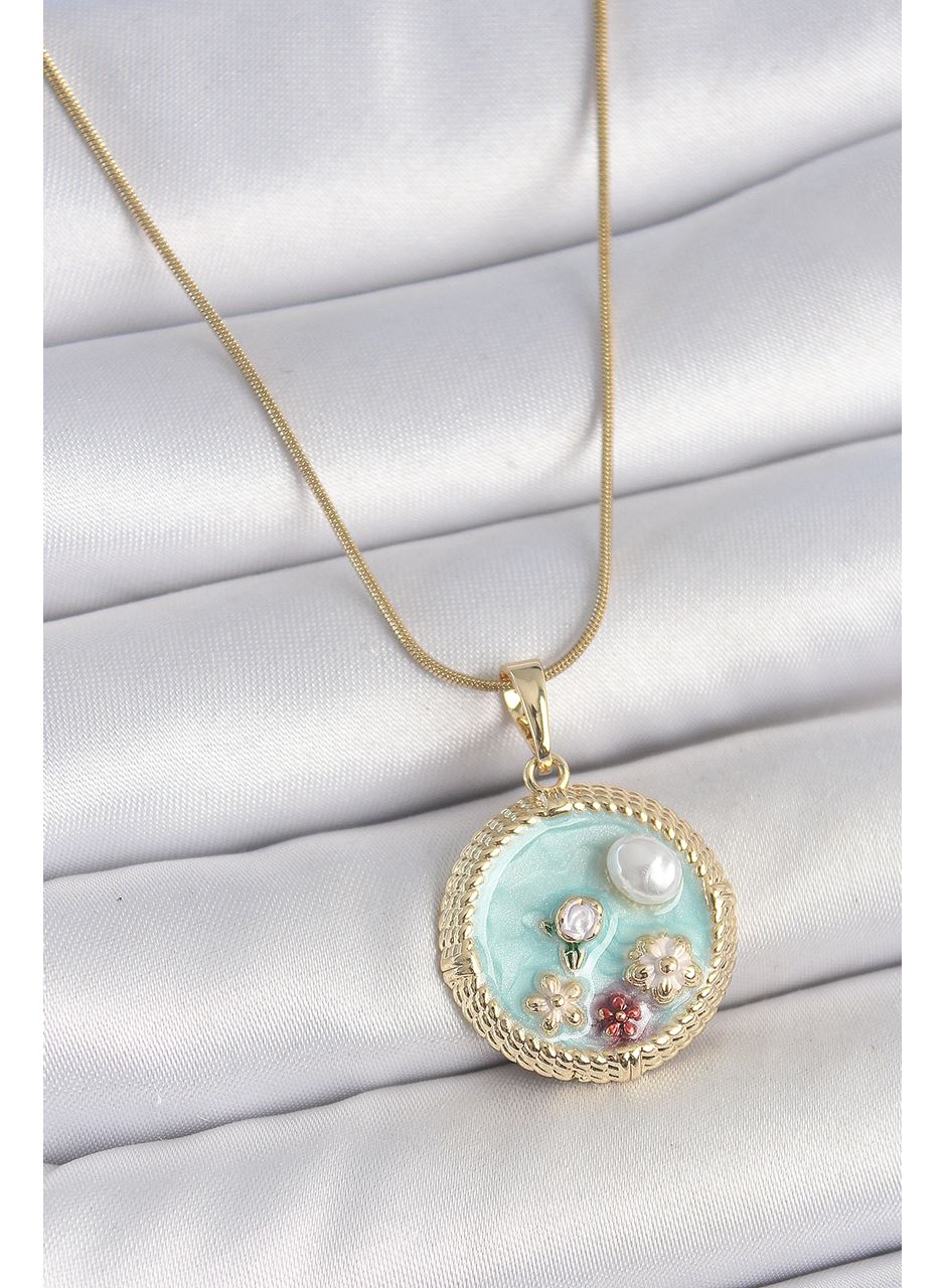 316L Çelik Gold Renk Zincir Mavi Mineli İnci Çiçek İşlemeli Zirkon Taş Detaylı Madalyon Model Kadın Kolye