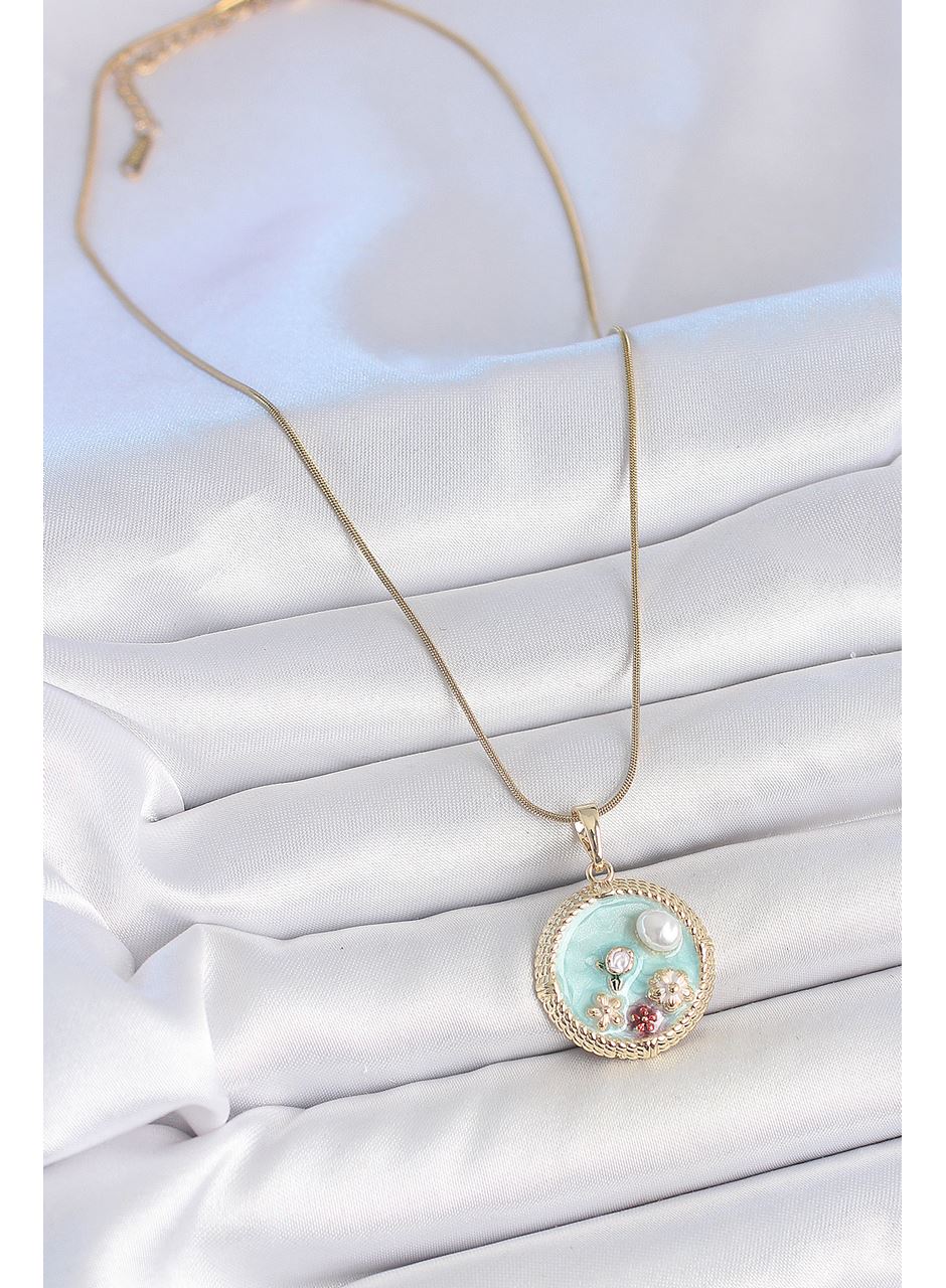 316L Çelik Gold Renk Zincir Mavi Mineli İnci Çiçek İşlemeli Zirkon Taş Detaylı Madalyon Model Kadın Kolye