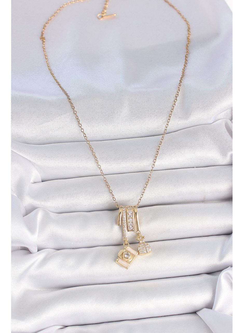 316L Çelik Gold Renk Zirkon Taşlı Sallantı Fotoğraf Makinası Figür Charm Kadın Kolye