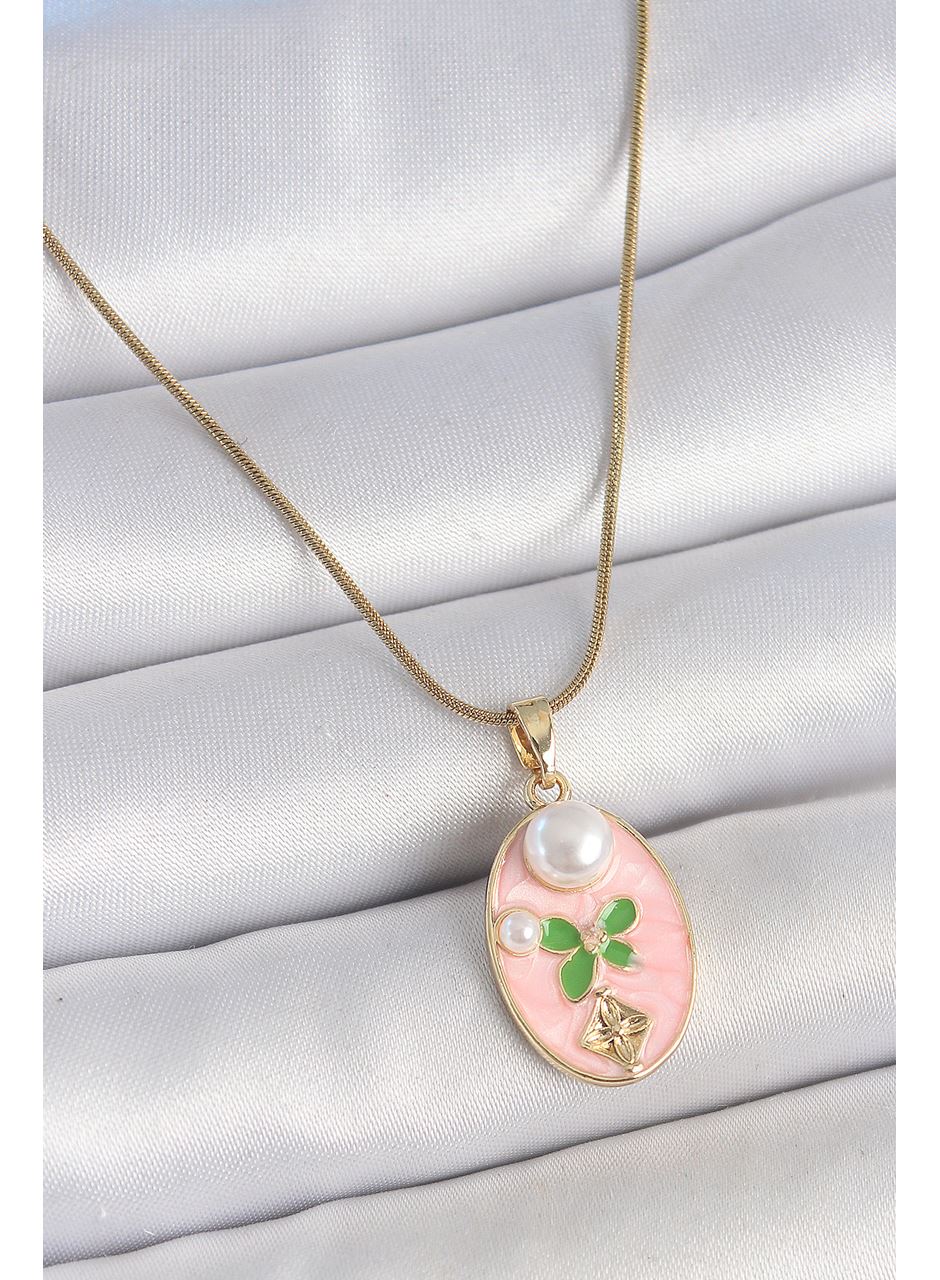 316L Çelik Gold Renk Zincir Pembe Mineli Oval İncili Çiçek İşlemeli Portre Model Kadın Kolye
