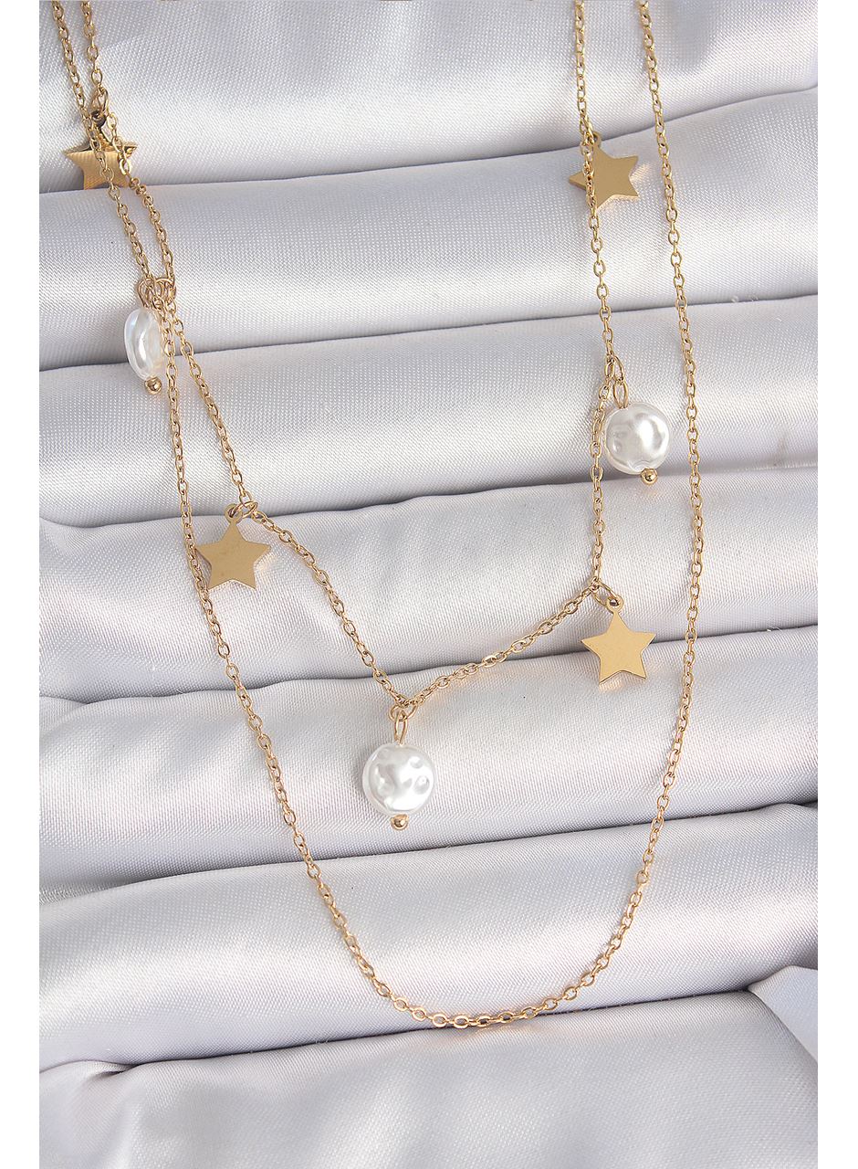 316L Çelik Gold Renk 2'Li Zincir Sallantı Yıldız İnci Model Kadın Kolye