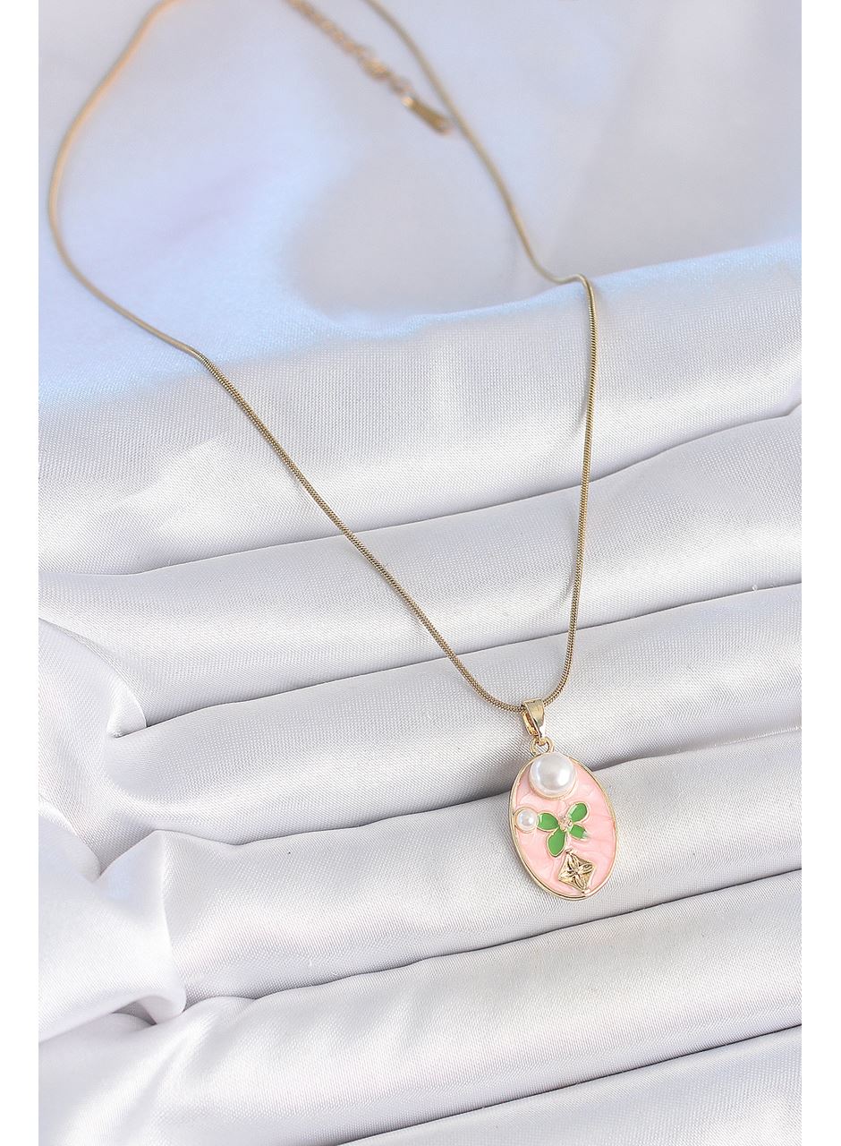 316L Çelik Gold Renk Zincir Pembe Mineli Oval İncili Çiçek İşlemeli Portre Model Kadın Kolye