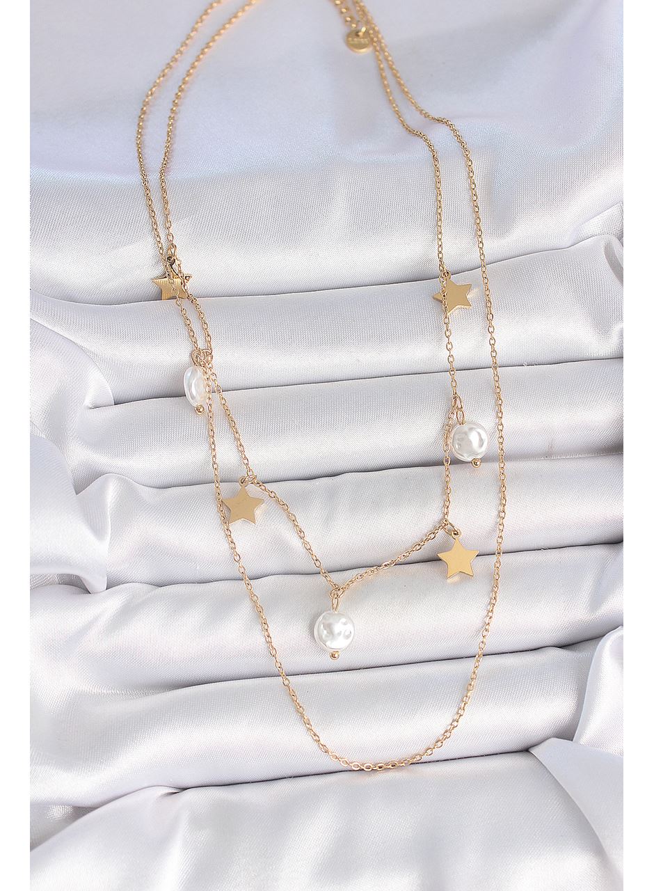 316L Çelik Gold Renk 2'Li Zincir Sallantı Yıldız İnci Model Kadın Kolye