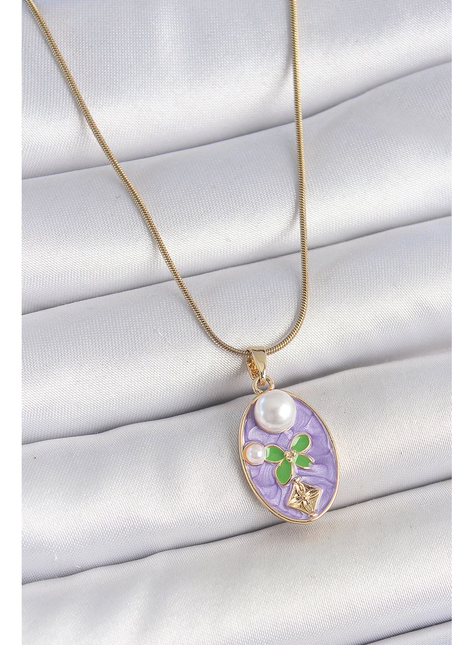 316L Çelik Gold Renk Zincir Mor Mineli Oval İncili Çiçek İşlemeli Portre Model Kadın Kolye