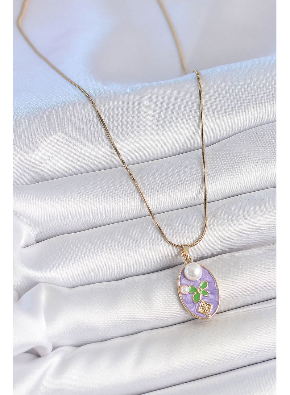 316L Çelik Gold Renk Zincir Mor Mineli Oval İncili Çiçek İşlemeli Portre Model Kadın Kolye