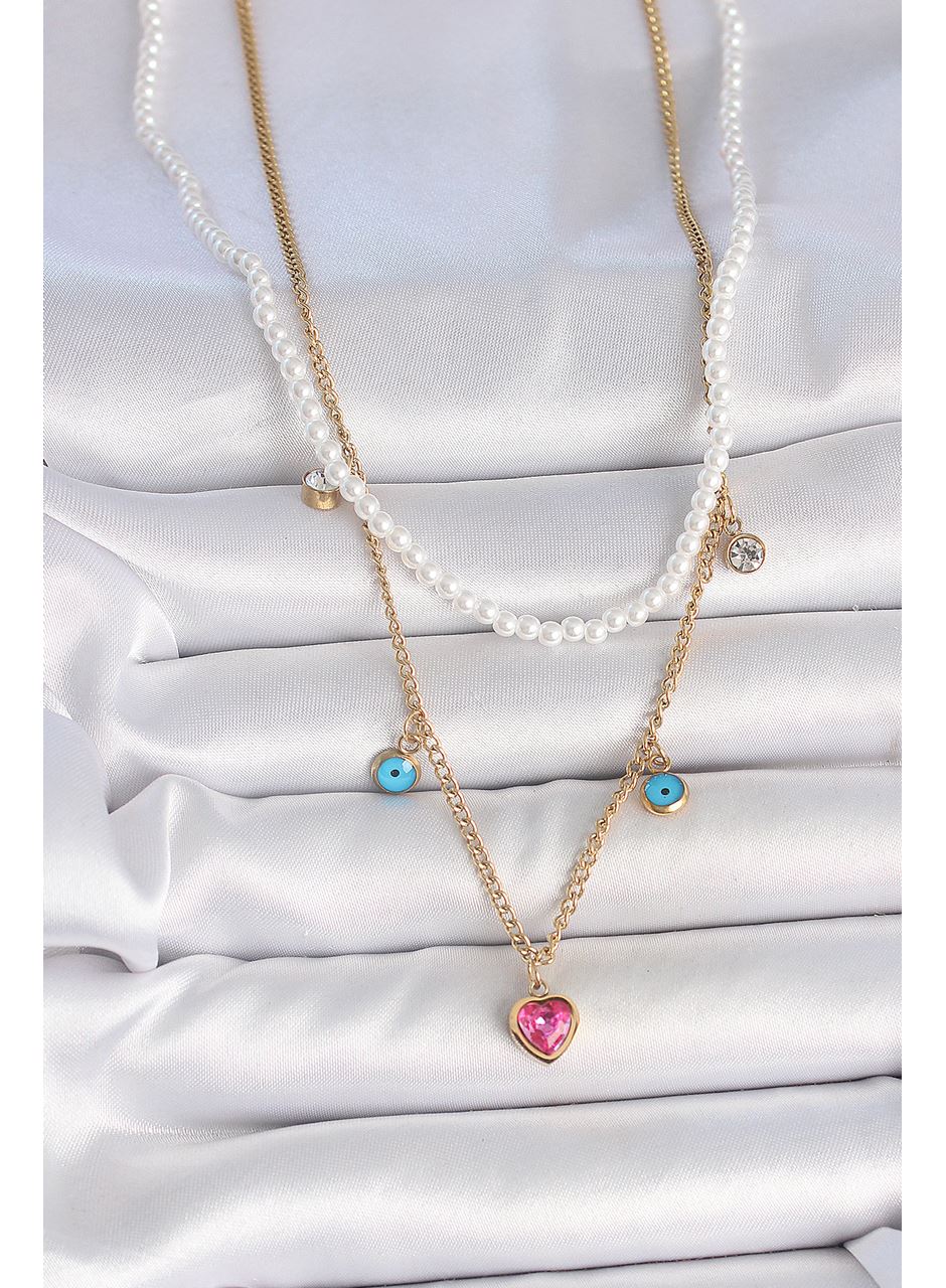 316L Çelik Gold Renk 2'Li İnci Zincir Model Pembe Taşlı Kalp Figür Nazar Boncuk Detay Kadın Kolye
