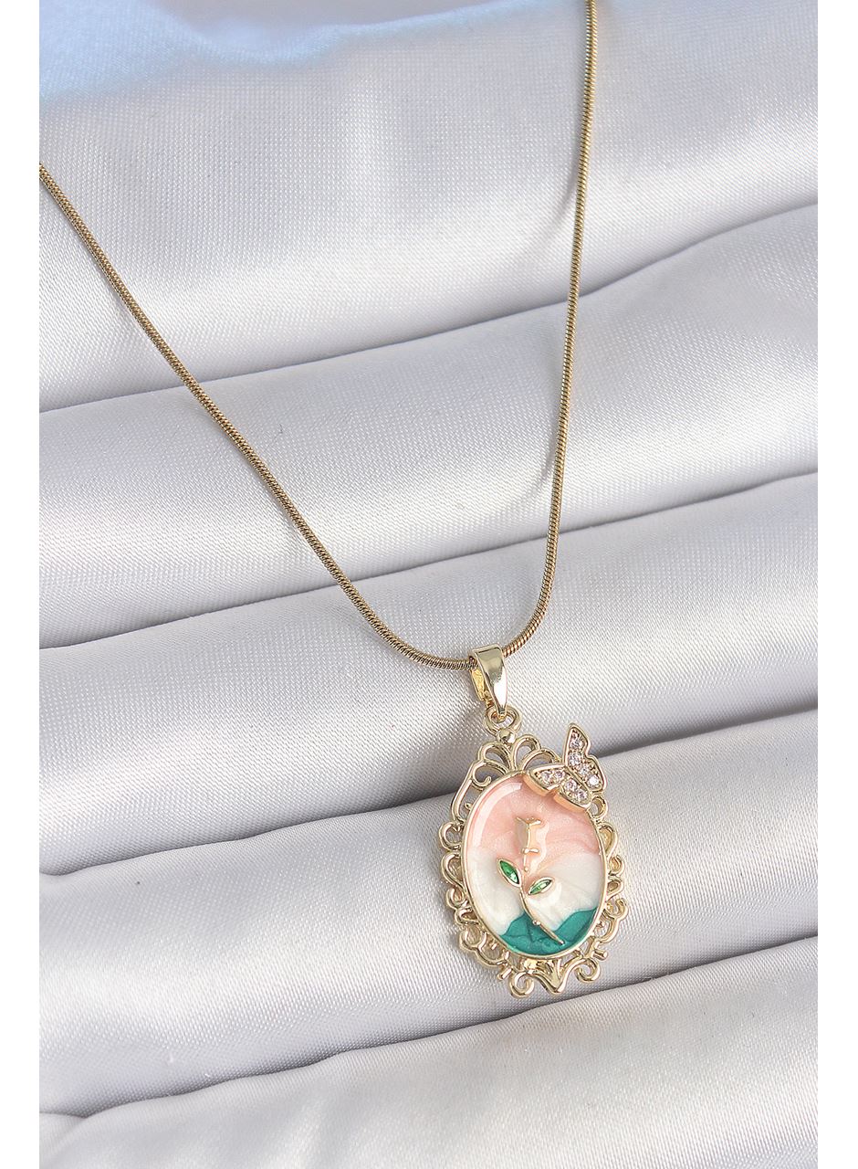 316L Çelik Gold Renk Zincir Mix Renk Çiçek İşlemeli Zirkon Taş Detaylı Portre Model Kadın Kolye