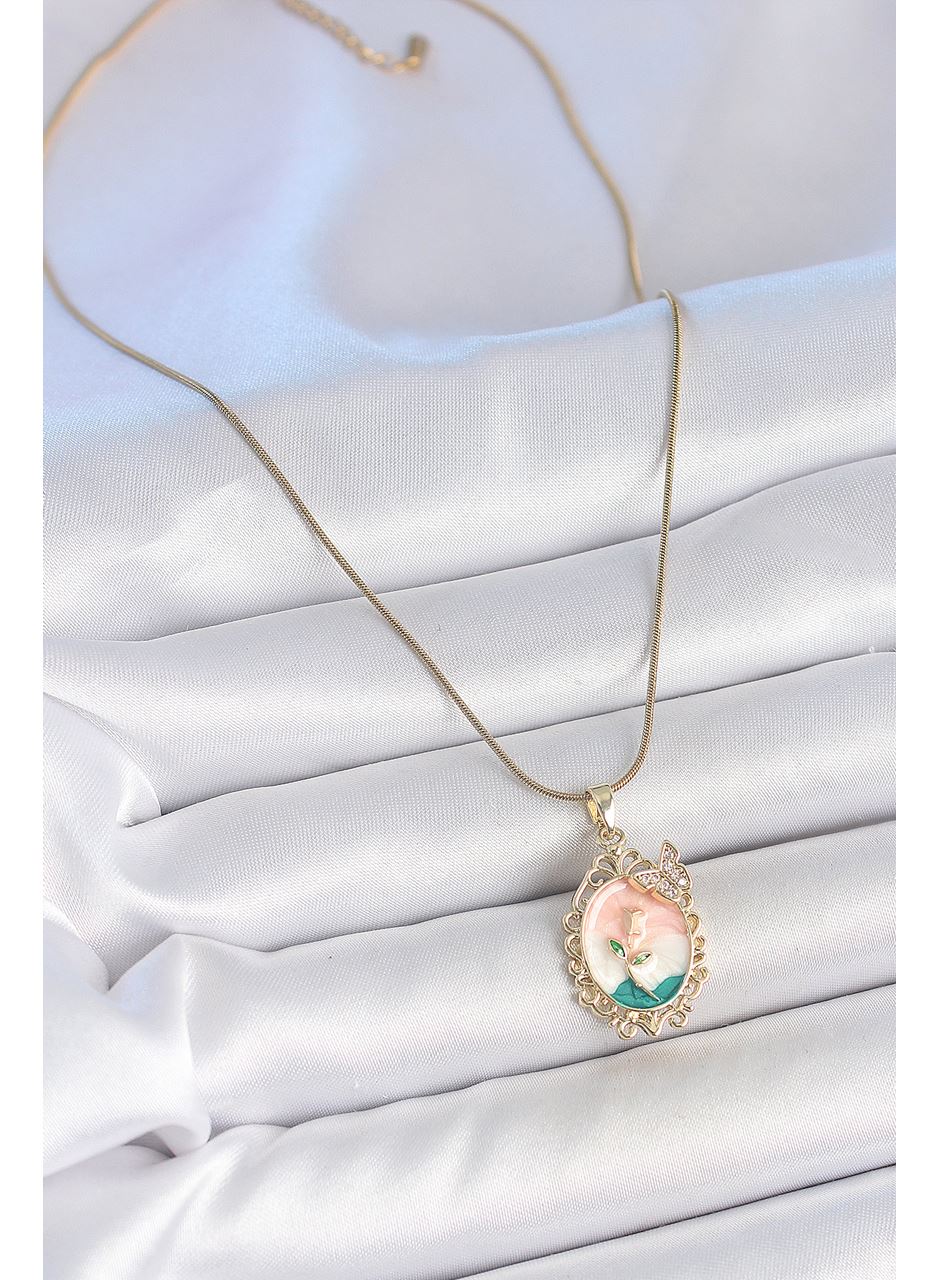 316L Çelik Gold Renk Zincir Mix Renk Çiçek İşlemeli Zirkon Taş Detaylı Portre Model Kadın Kolye
