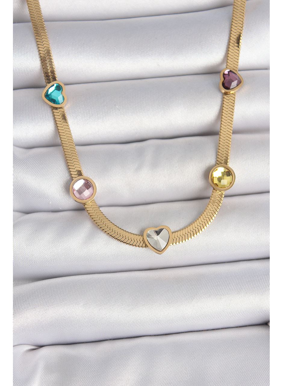 316L Çelik Gold Renk İtalyan Zincir Renkli Zirkon Taşlı Kalp Figür Kadın Kolye