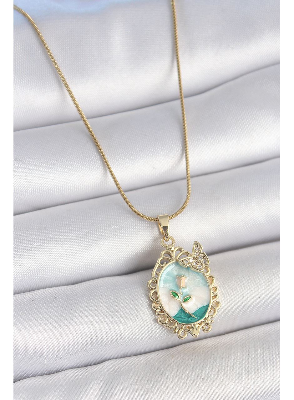 316L Çelik Gold Renk Zincir Mavi Mineli Çiçek İşlemeli Zirkon Taş Detaylı Portre Model Kadın Kolye