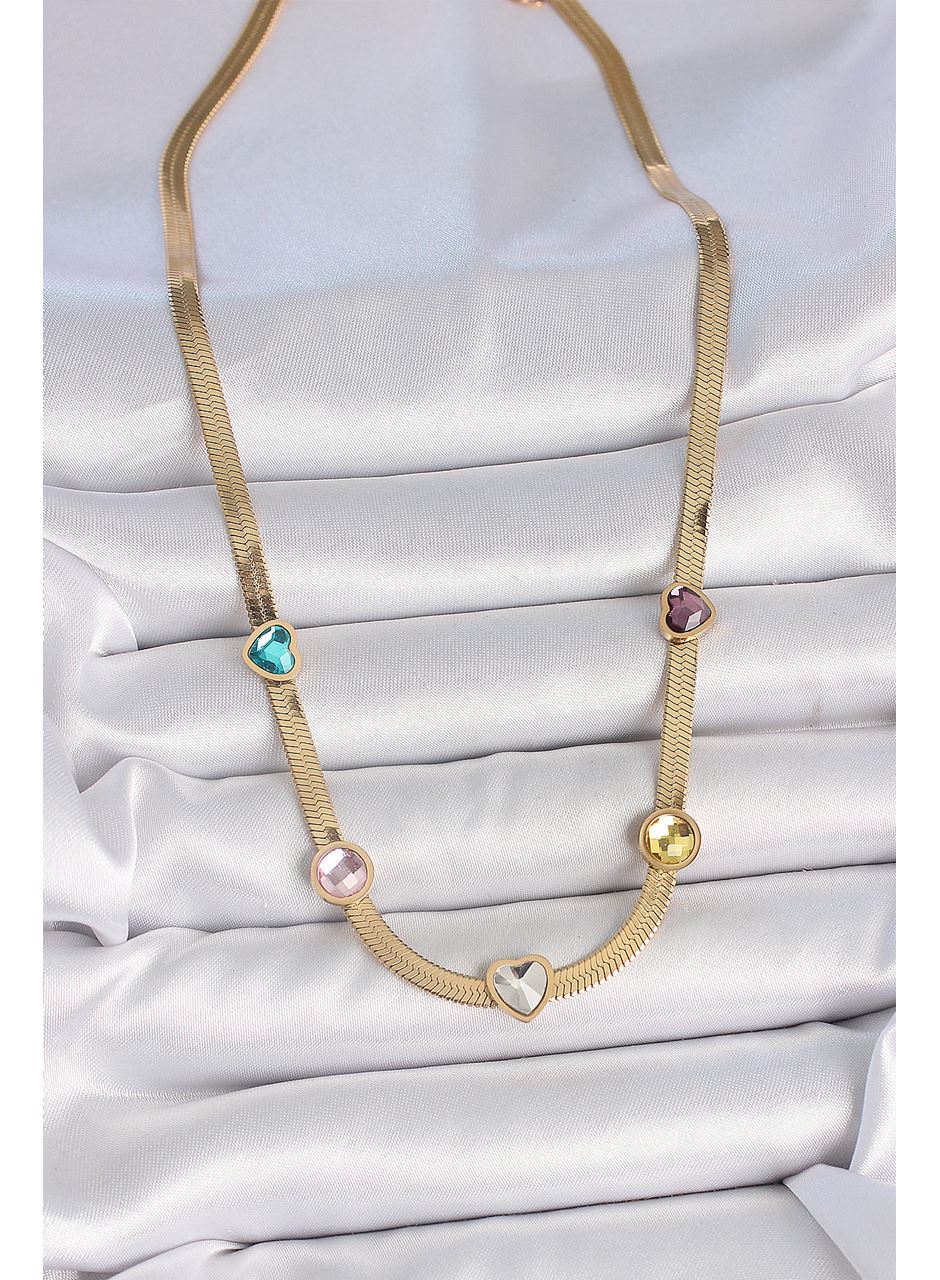 316L Çelik Gold Renk İtalyan Zincir Renkli Zirkon Taşlı Kalp Figür Kadın Kolye