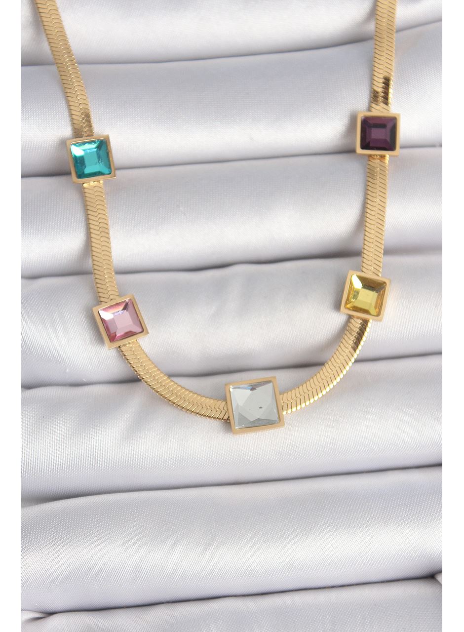 316L Çelik Gold Renk İtalyan Zincir Model Kare Renkli Zirkon Taşlı Kadın Kolye