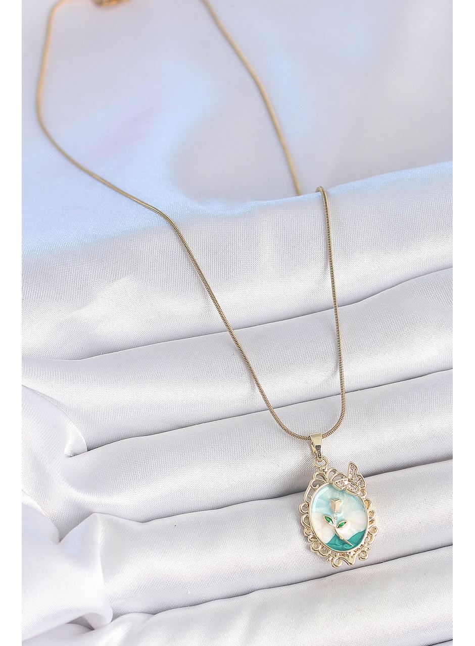 316L Çelik Gold Renk Zincir Mavi Mineli Çiçek İşlemeli Zirkon Taş Detaylı Portre Model Kadın Kolye