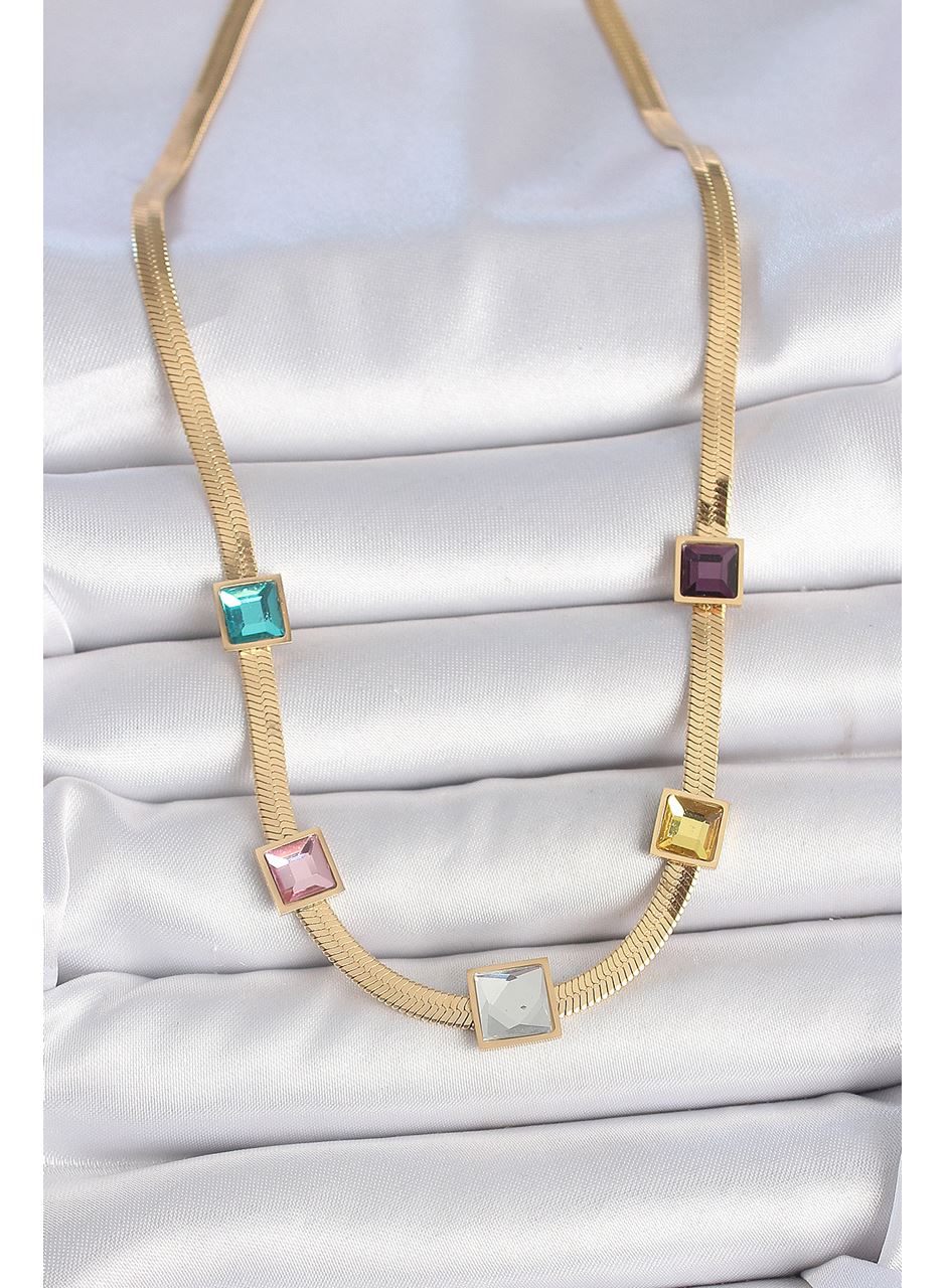 316L Çelik Gold Renk İtalyan Zincir Model Kare Renkli Zirkon Taşlı Kadın Kolye