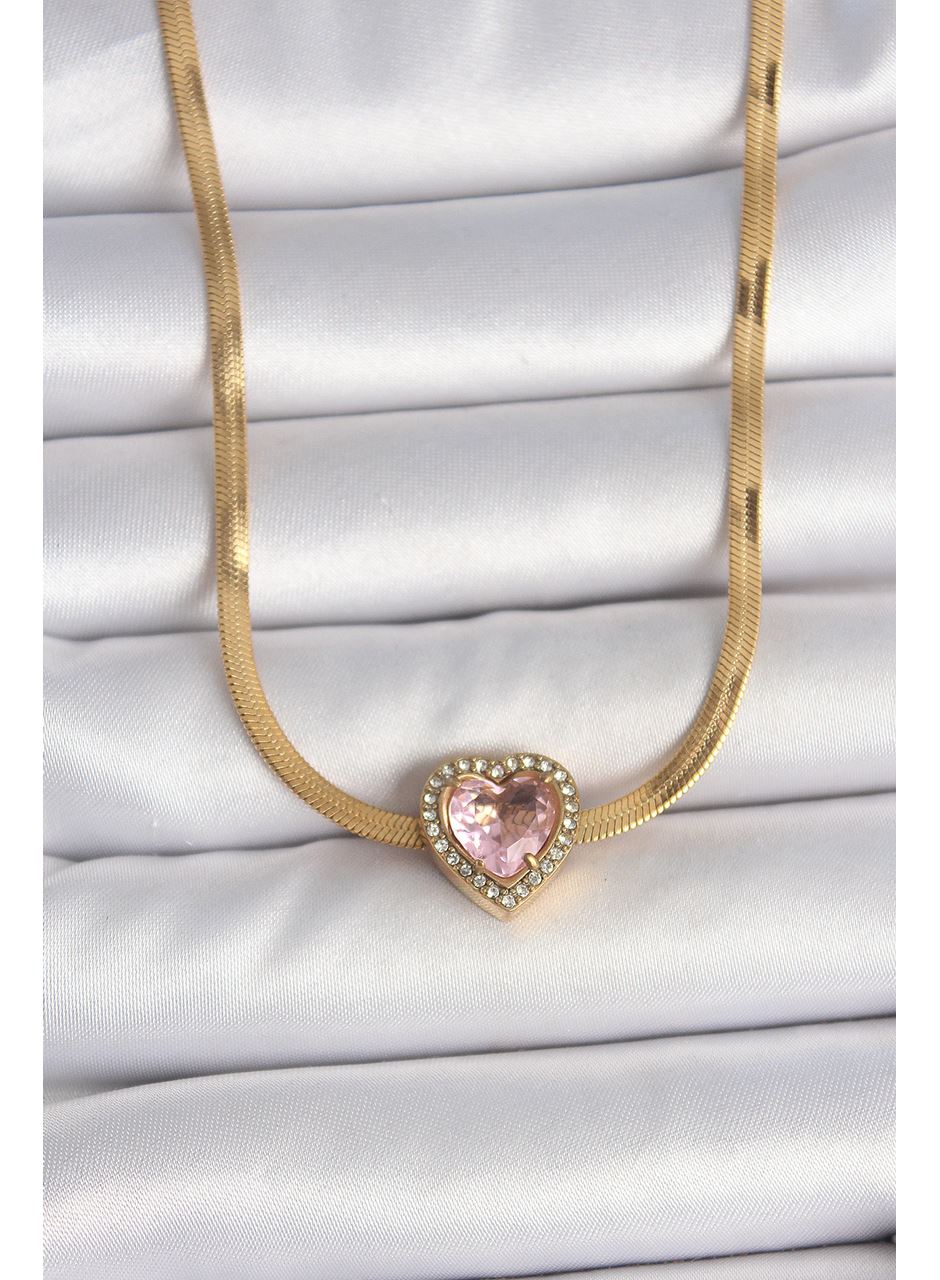 316L Çelik Gold Renk İtalyan Zincir Pembe Zirkon Taşlı Kalp Model Kadın Kolye