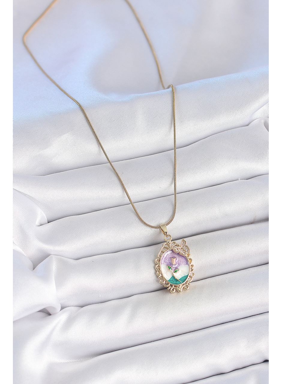 316L Çelik Gold Renk Zincir Mix Renk Mineli Çiçek İşlemeli Zirkon Taş Detaylı Portre Model Kadın Kolye
