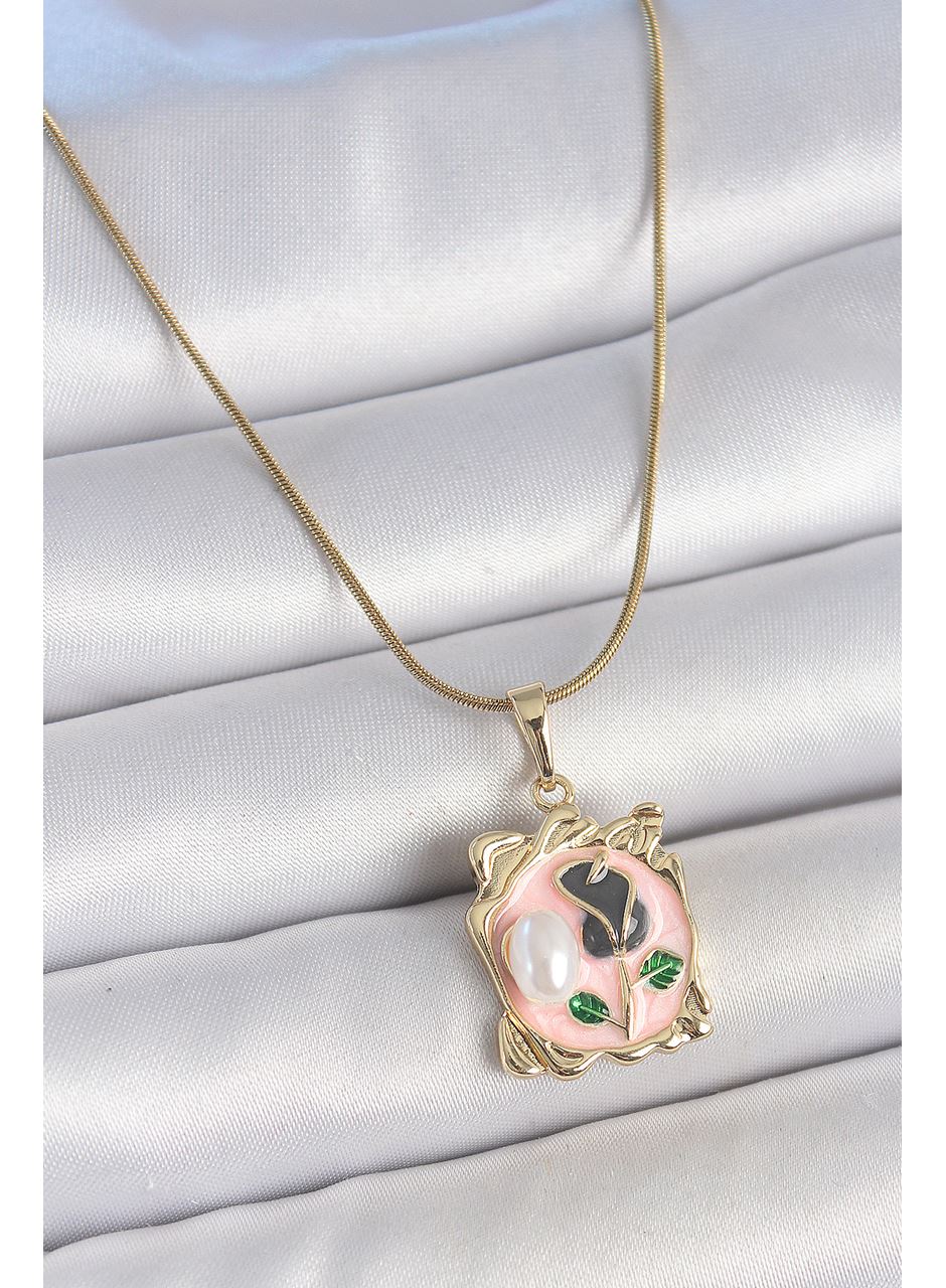 316L Çelik Gold Renk Zincir Pembe Mineli Çiçek İşlemli İnci Detay Portre Model Kadın Kolye