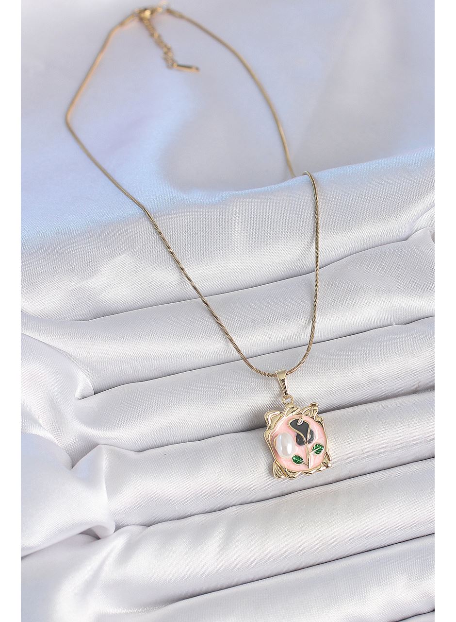 316L Çelik Gold Renk Zincir Pembe Mineli Çiçek İşlemli İnci Detay Portre Model Kadın Kolye