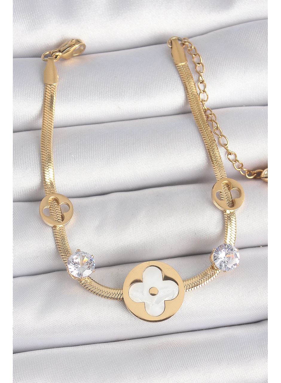 316L Çelik Gold Renk İtalyan Zincir Beyaz Mineli Yonca Model Zirkon Taş Detaylı Kadın Bileklik