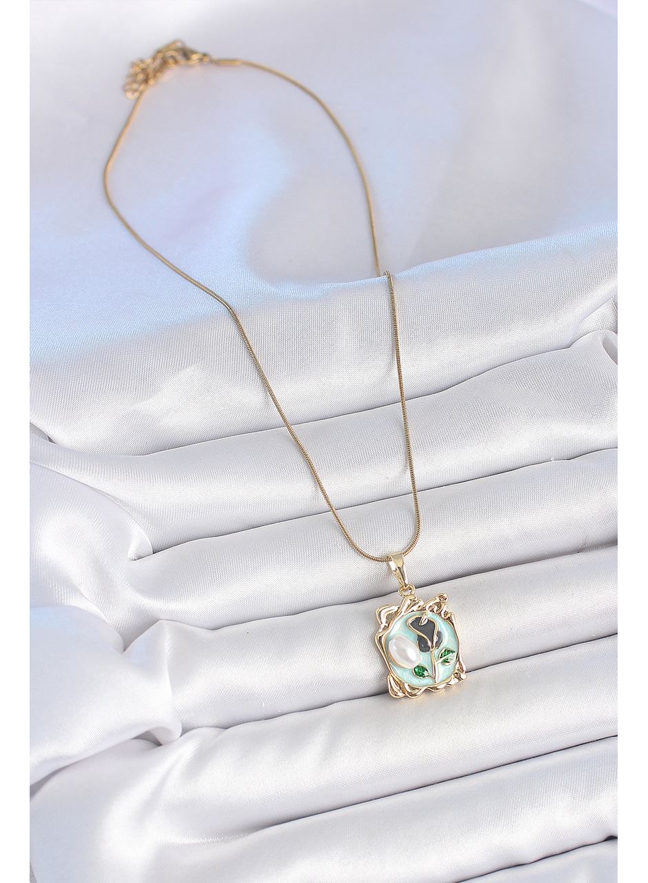 316L Çelik Gold Renk Zincir Mavi Mineli Çiçek İşlemeli İnci Detay Portre Model Kadın Kolye