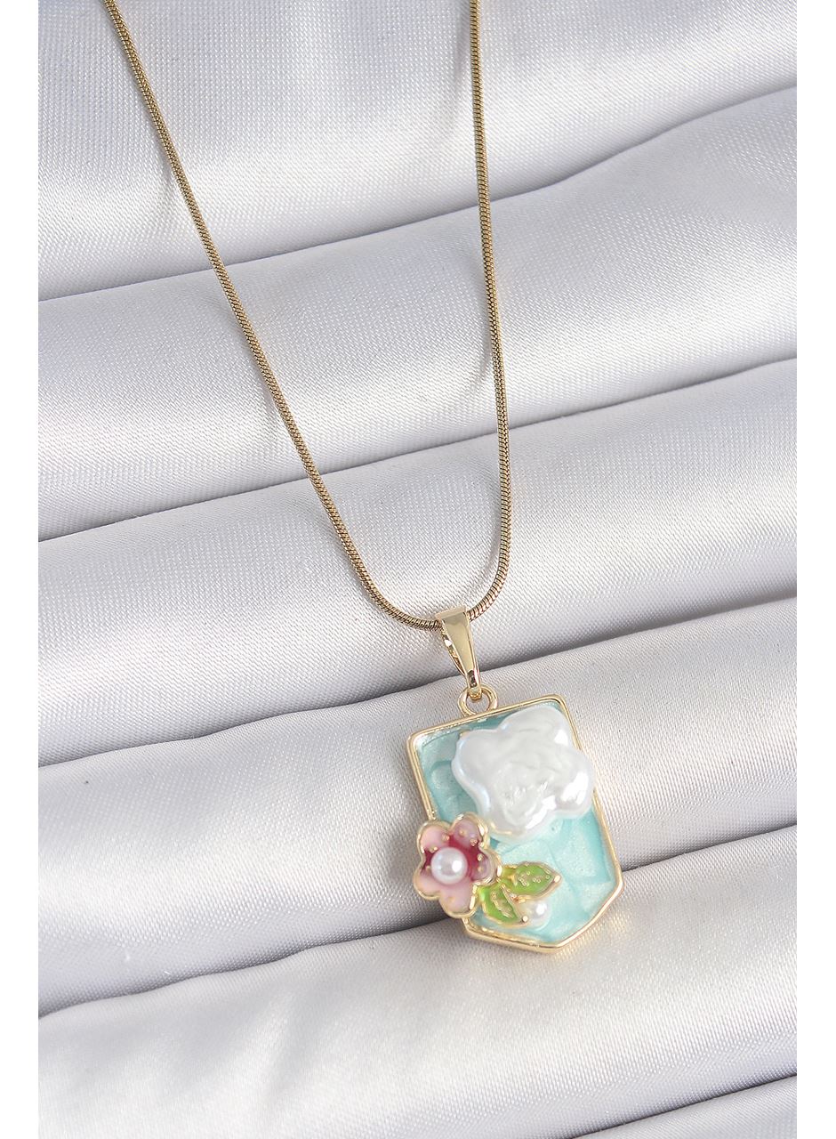 316L Çelik Gold Renk Zincir Mavi Mineli İncili Çiçek İşlemeli Portre Model Kadın Kolye