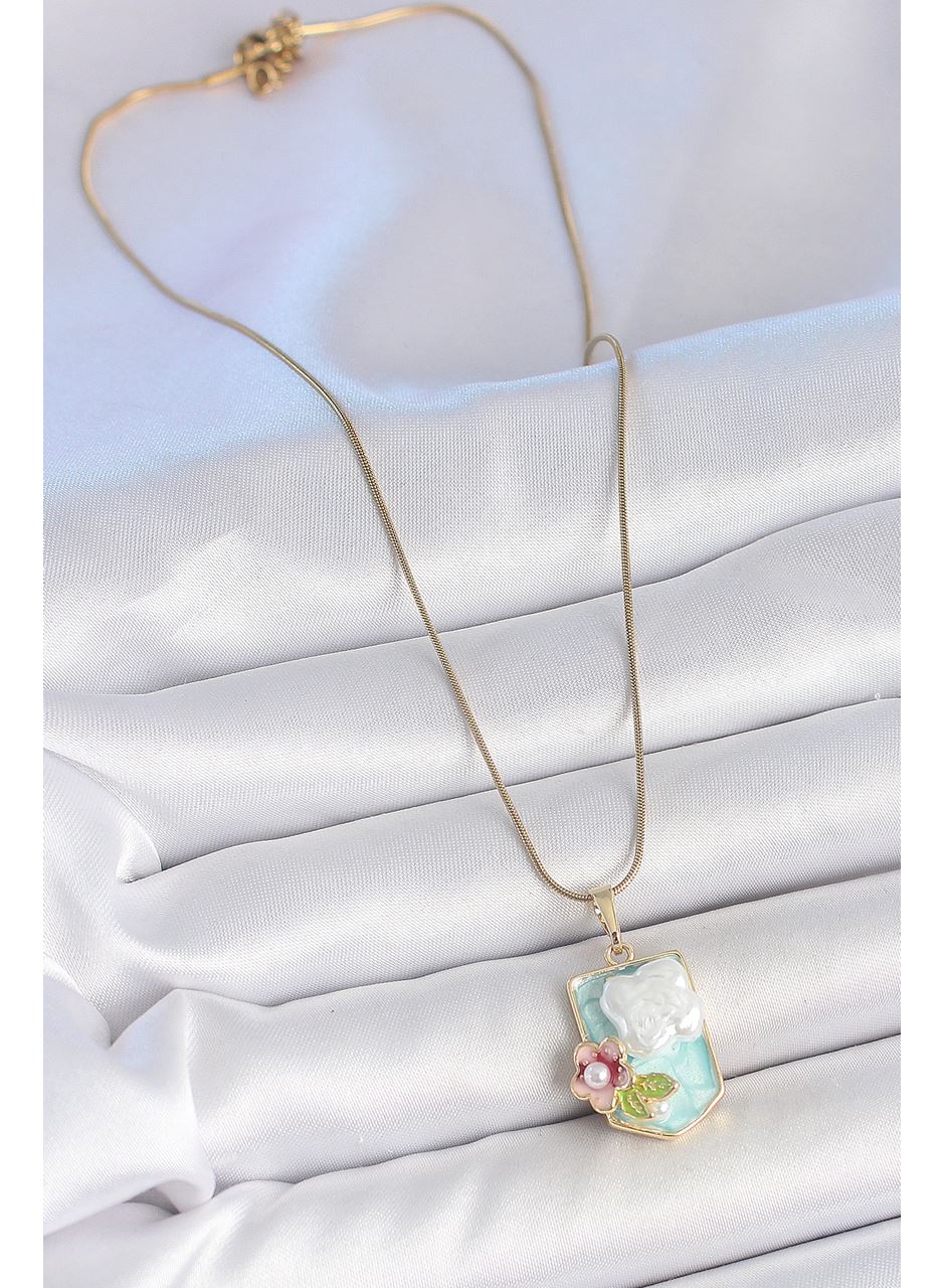 316L Çelik Gold Renk Zincir Mavi Mineli İncili Çiçek İşlemeli Portre Model Kadın Kolye