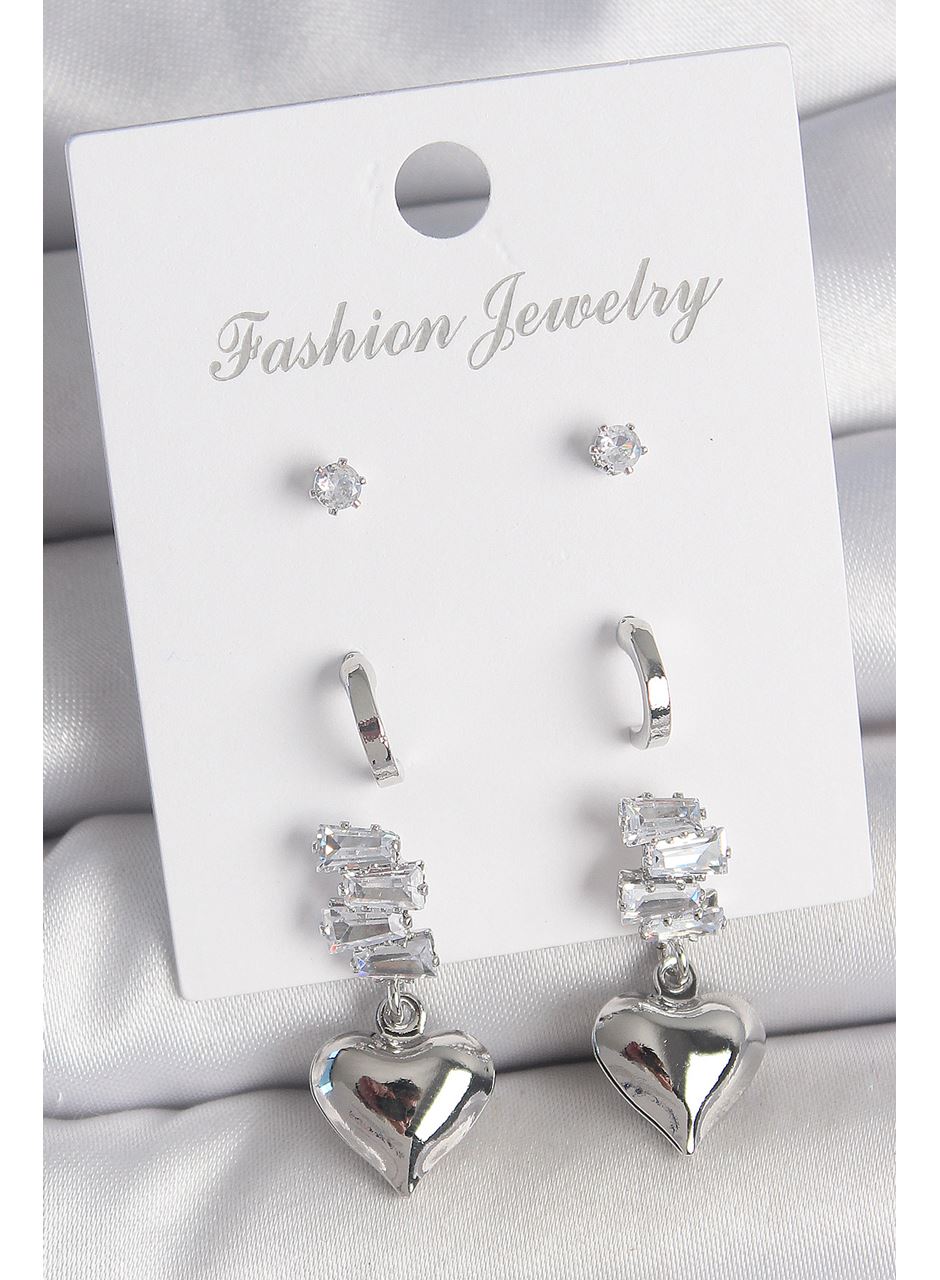 Pirinç Gümüş Renk Zirkon Taşlı Sallantılı Kalp Model Yarım Halka Detay 3 Çfit Kadın Küpe Seti