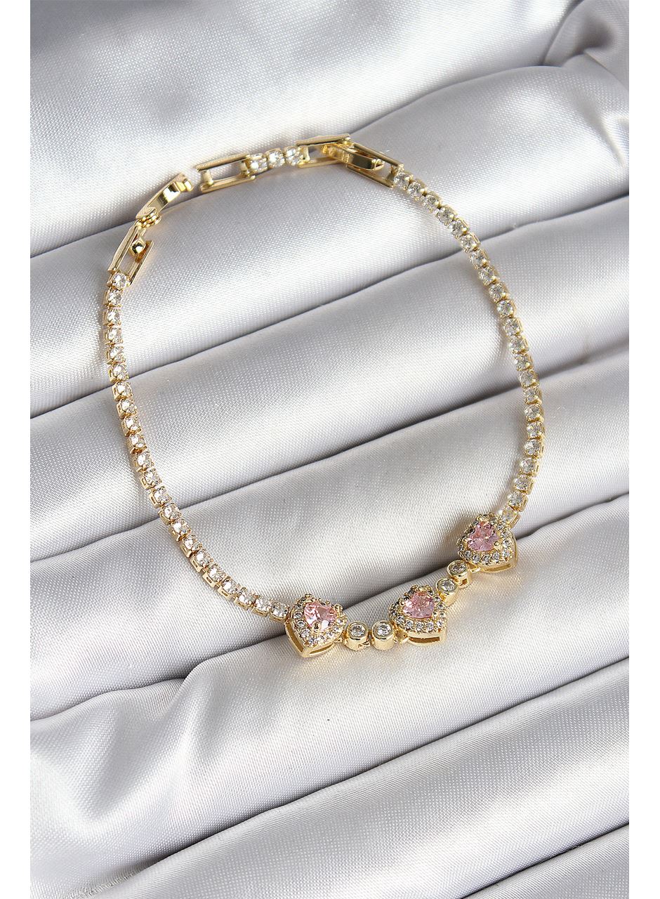 Pirinç Sıralı Pembe Kalp Figürlü Zirkon Taşlı Gold Renk Kadın Bileklik