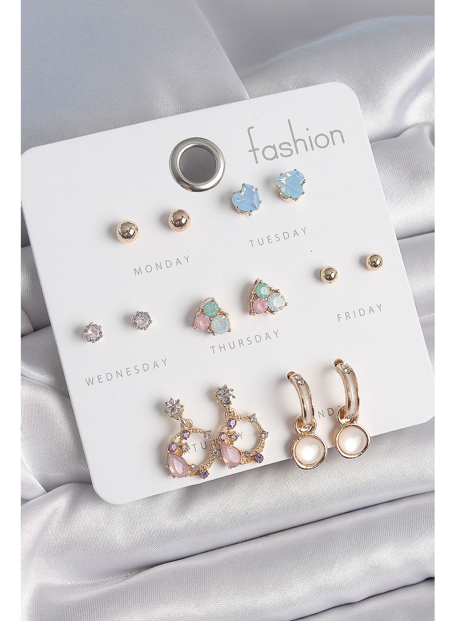 Pirinç Gold Renk Zirkon Taşlı Sallantı Halka Figür Kalp Detay 7 Çift Kadın Küpe