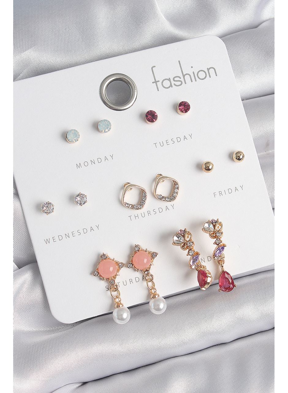 Pirinç Gold Renk Zirkon Taşlı Sallantı İnci Detay 7 Çift Kadın Küpe