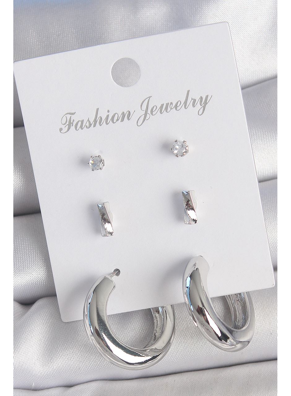 Pirinç Gümüş Renk Zirkon Taş Detay Halka Model 3 Çift Kadın Küpe Seti