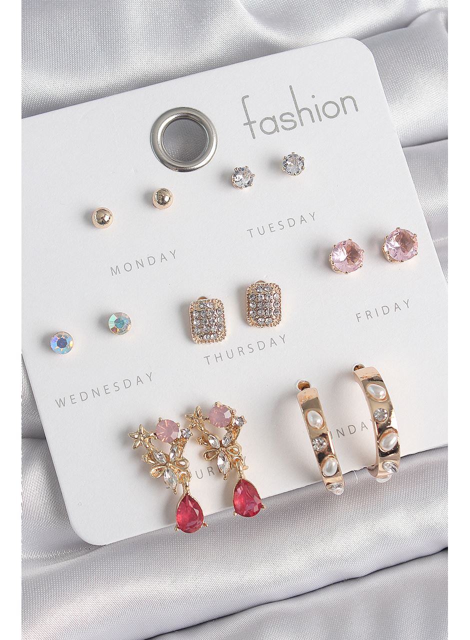 Pirinç Gold Renk Zirkon Taşlı Çiçek Figür İncili Halka Figür 7 Çift Kadın Küpe Seti