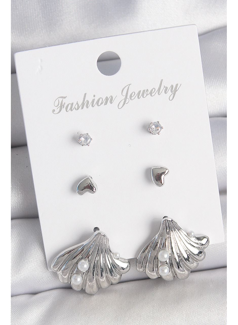 Pirinç Gümüş Renk Zirkon Taş Detaylı İnci Detaylı Deniz Kabuğu Model 3 Çift Kadın Küpe