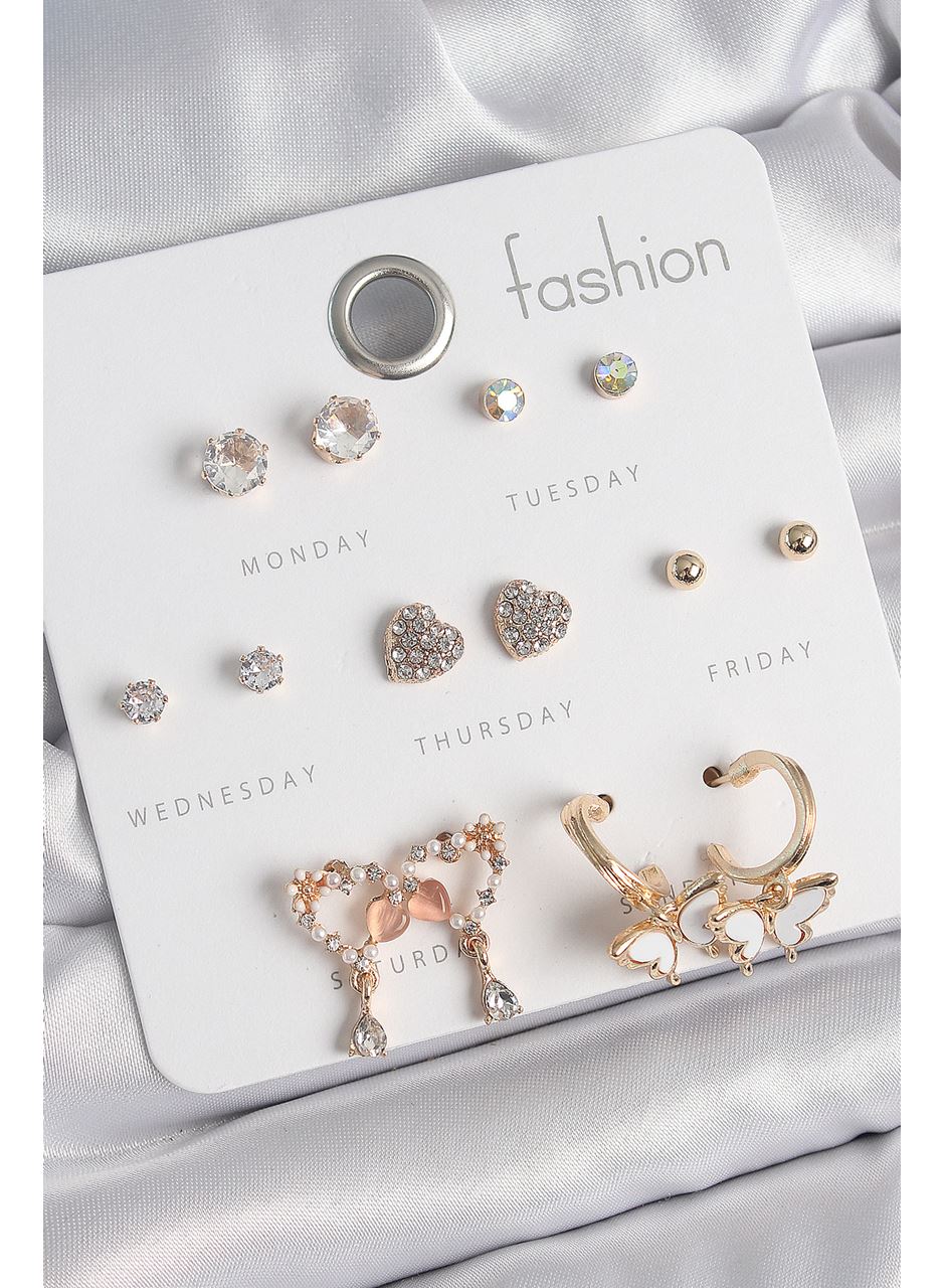 Pirinç Gold Renk Zirkon Taşlı Sallantılı Kalp Figür Kelebek Detay 7 Çift Kadın Küpe Seti