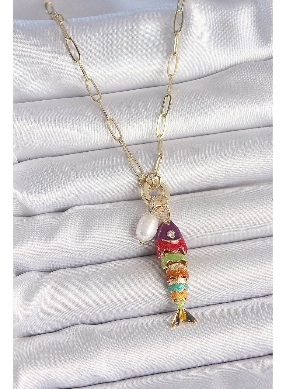 İnci Detaylı Zirkon Taşlı Rainbow Balık Figürlü Gold Renk Pirinç Kolye