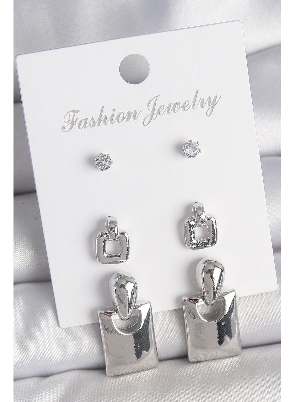 Pirinç Gümüş Renk Zirkon Taş Detay Sallantılı Kare Model 3 Çift Kadın Küpe Seti