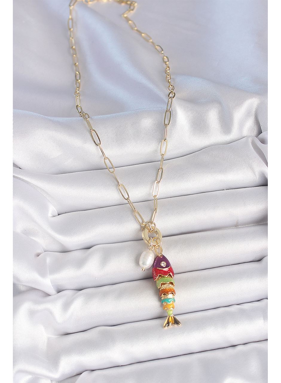İnci Detaylı Zirkon Taşlı Rainbow Balık Figürlü Gold Renk Pirinç Kolye