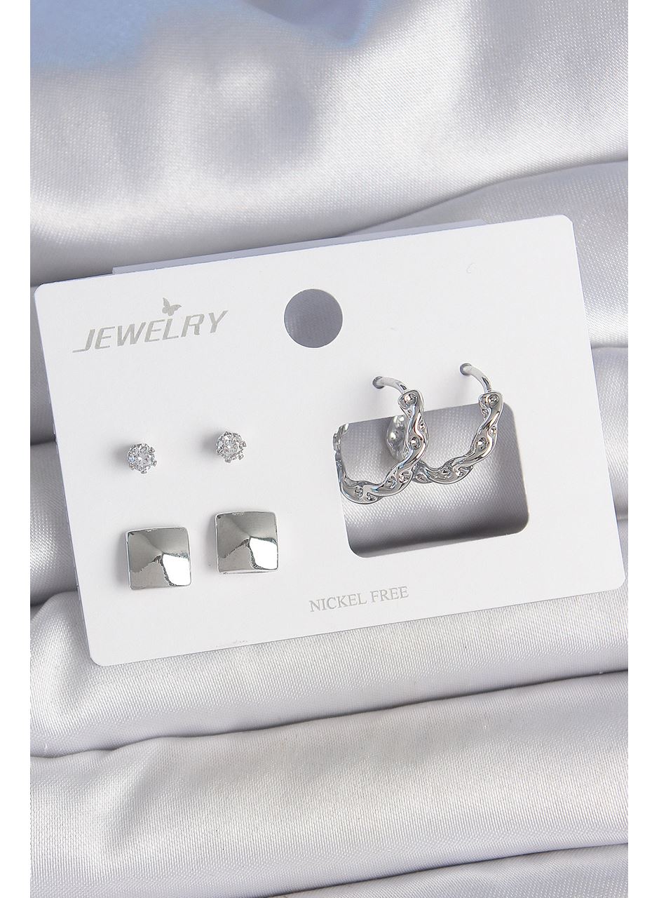 Pirinç Gümüş Renk Zirkon Taşlı Burgu Halka Model Kare Detay 3 Çift Kadın Küpe Seti