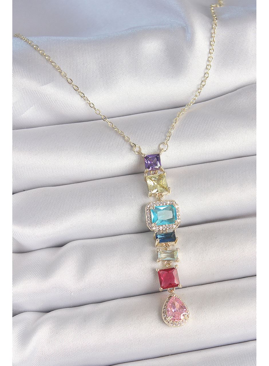 Gold Karışık Renk Zirkon Taşlı Y Pirinç Kolye