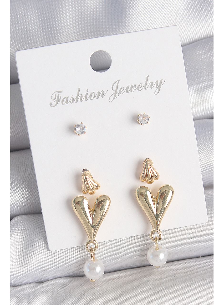 Pirinç Gold Renk Zirkon Taşlı İncili Sallantılı Kalp Model 3 Çift Kadın Küpe Seti