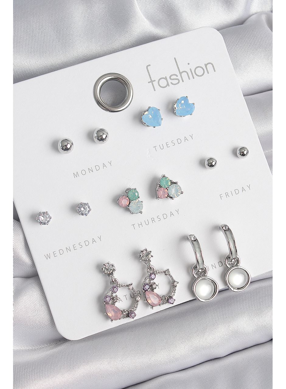 Pirinç Gümüş Renk Zirkon Taşlı Sallantı Halka Model Çiçek Detay 7 Çift Kadın Küpe Seti