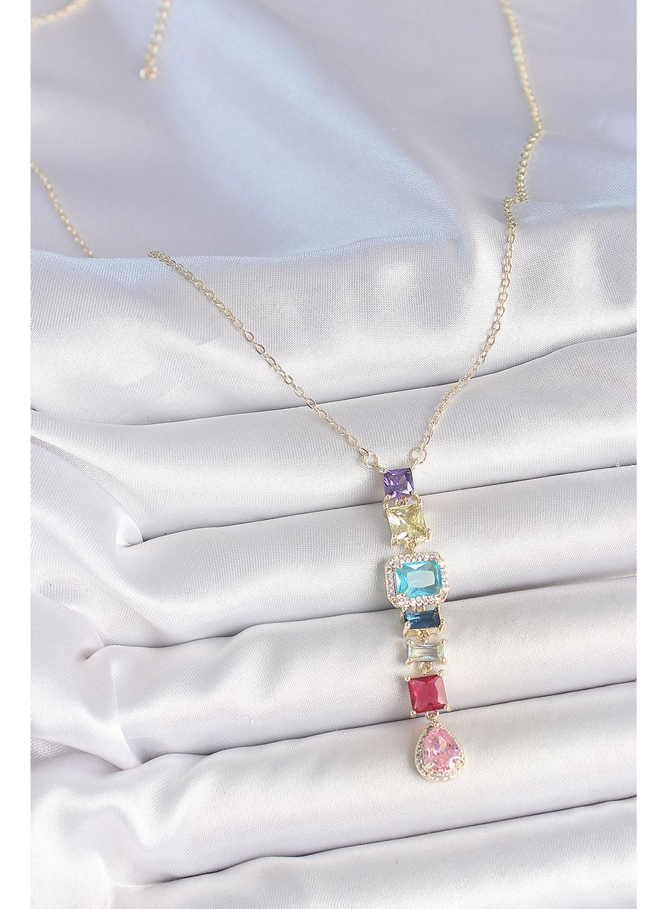 Gold Karışık Renk Zirkon Taşlı Y Pirinç Kolye