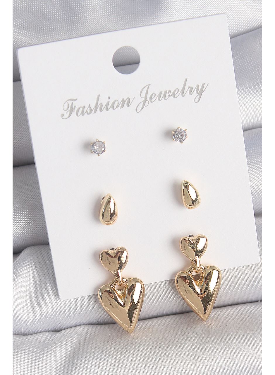 Pirinç Gold Renk Zirkon Taşlı Sallantılı Kalp Model 3 Çift Kadın Küpe Seti
