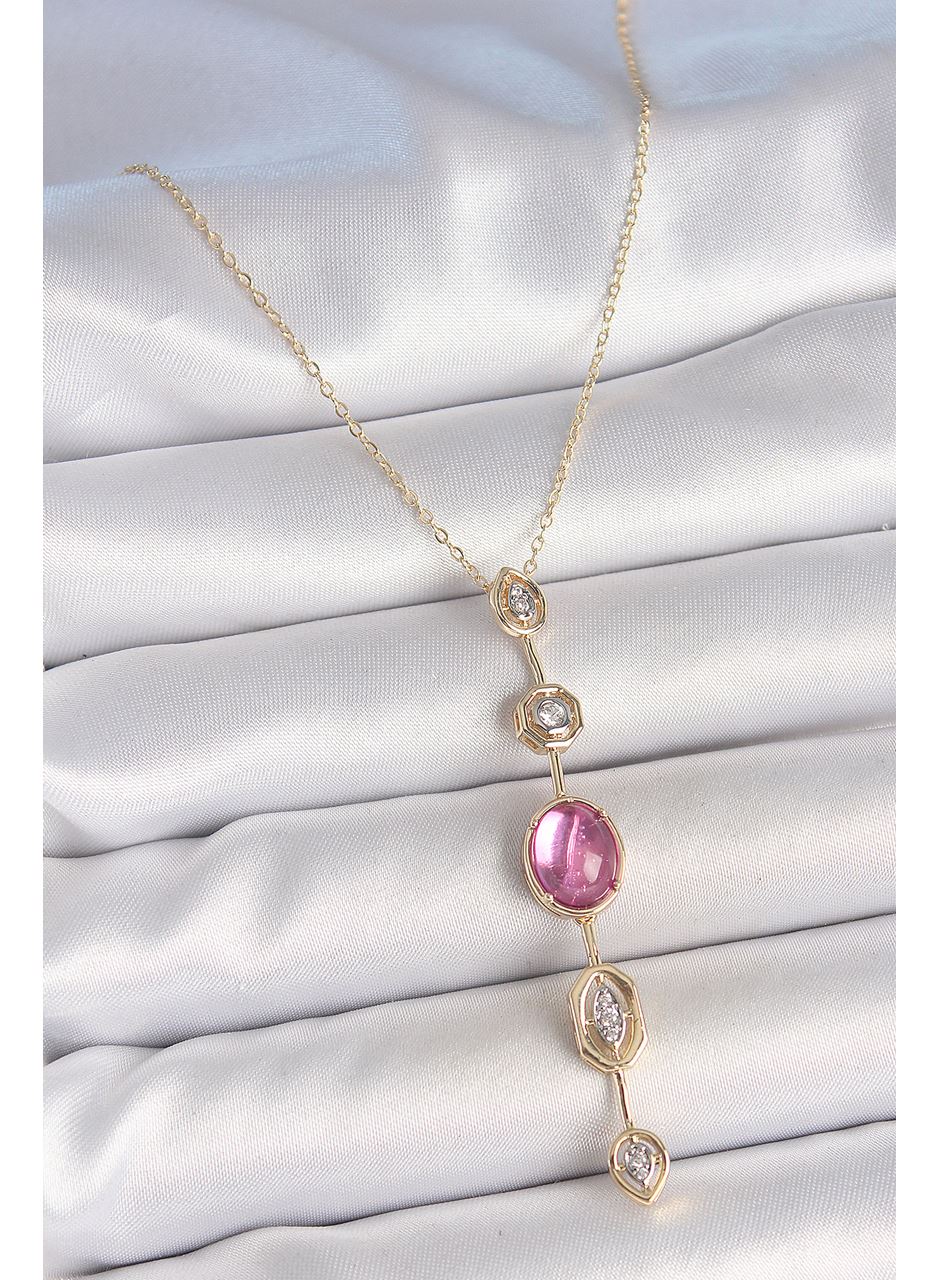 Pirinç Zincir Gold Renk Pembe Zirkon Taşlı Y Kolye