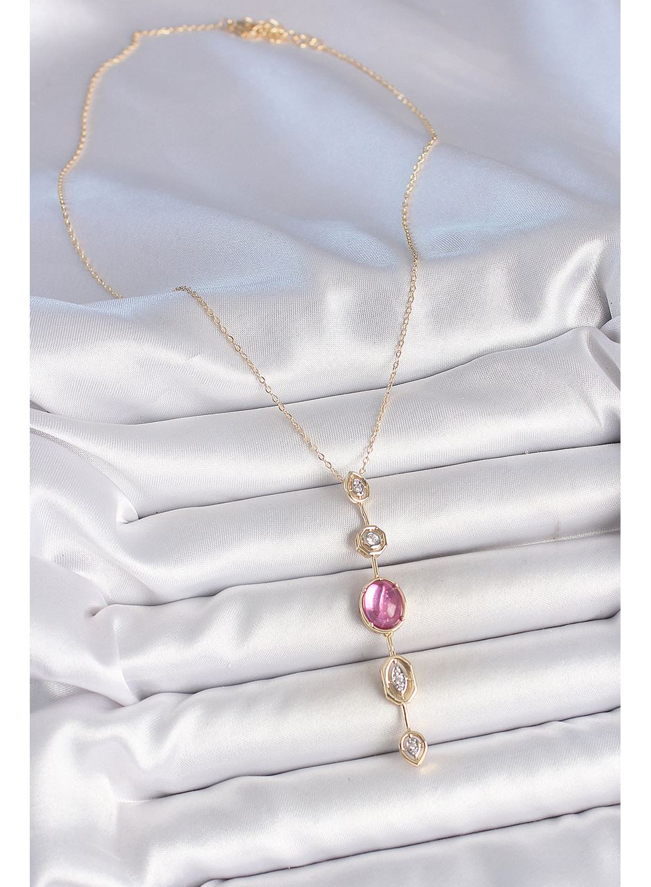 Pirinç Zincir Gold Renk Pembe Zirkon Taşlı Y Kolye