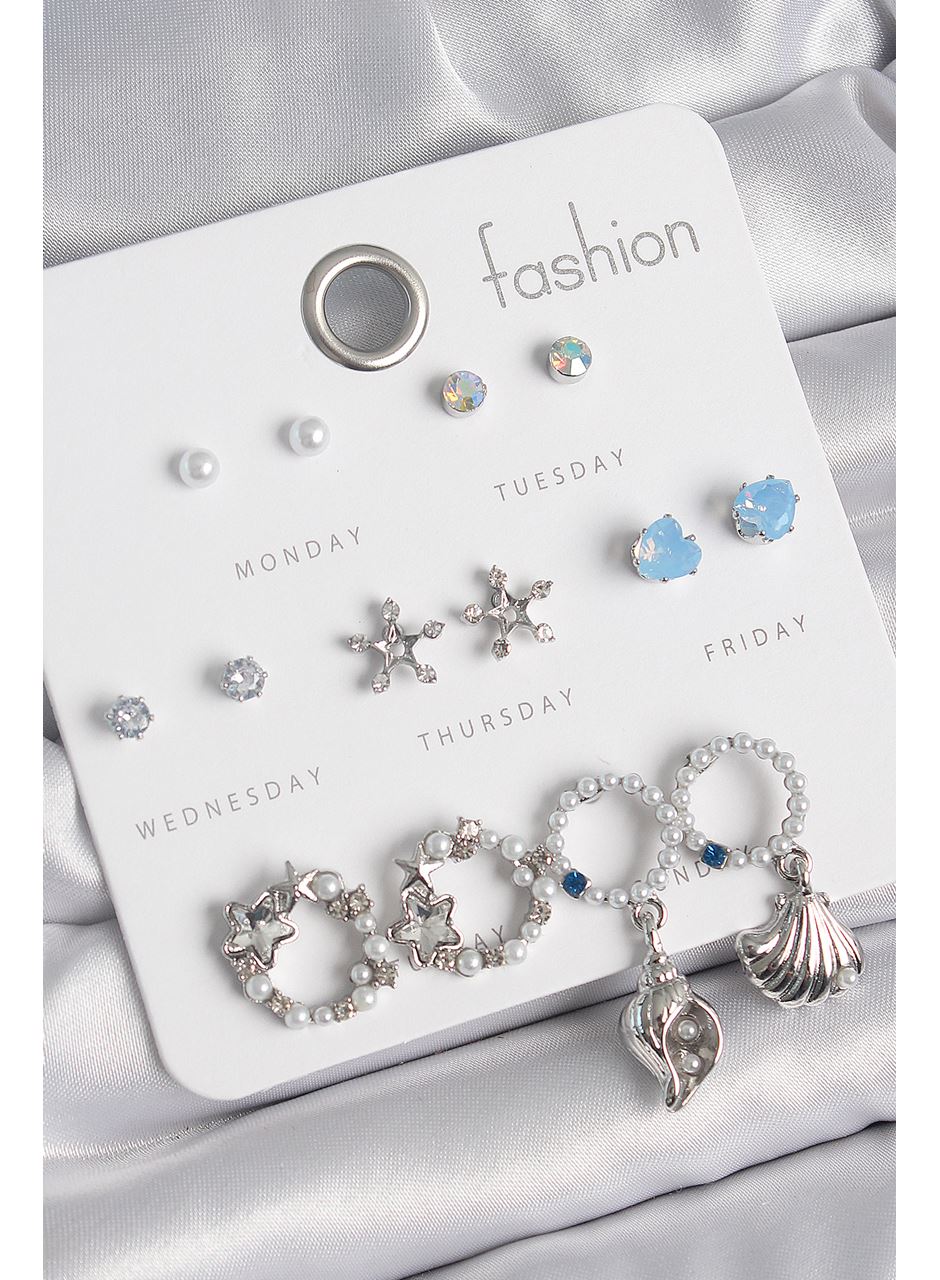 Pirinç Gümüş Renk İncli Zirkon Taşlı Halka Figür Yıldız Detay 7 Çift Kadın Küpe Seti