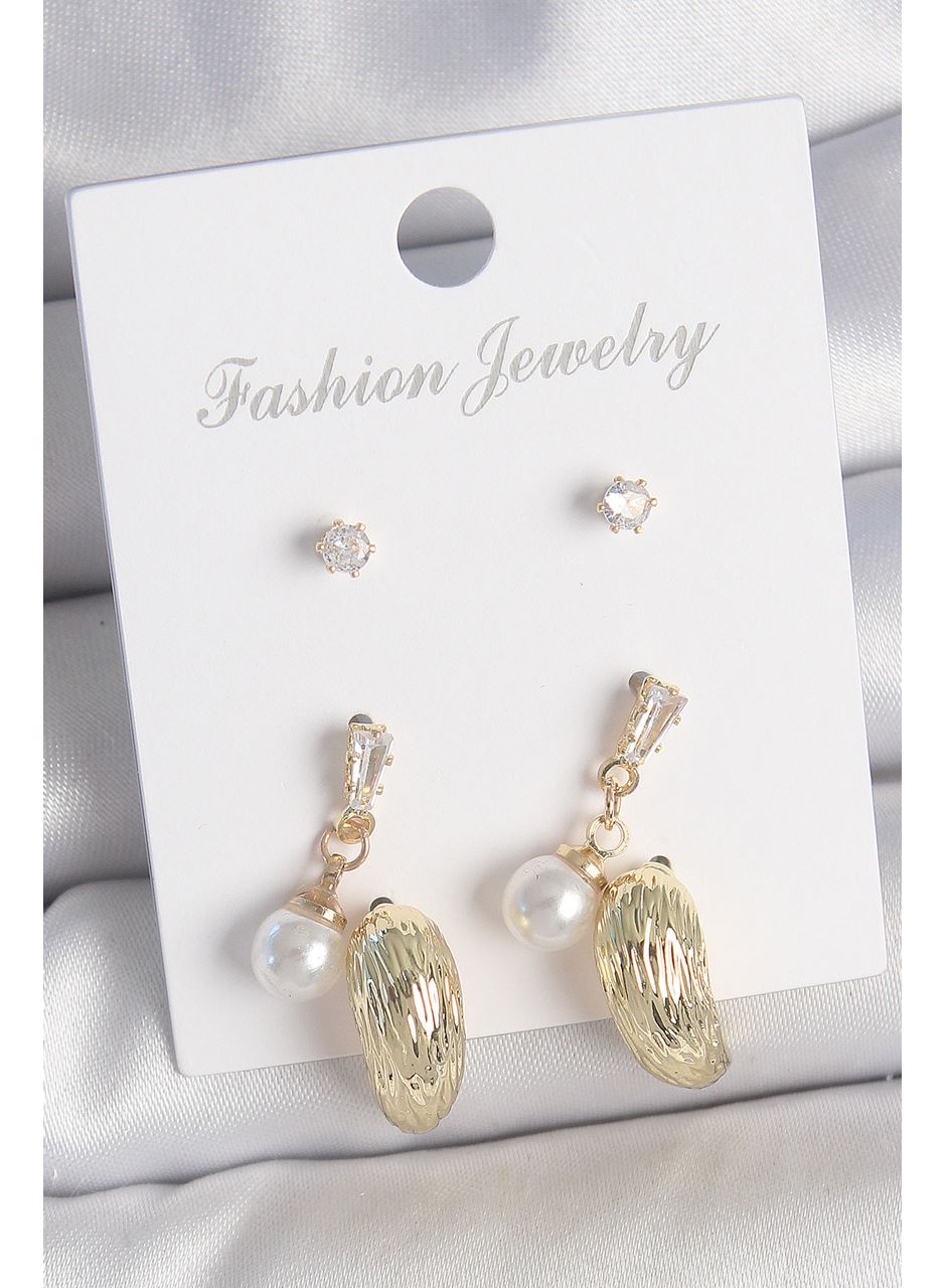 Pirinç Gold Renk Zirkon Taşlı İncili Sallantılı İşlemeli Damla Model 3 Çift Kadın Küpe Seti