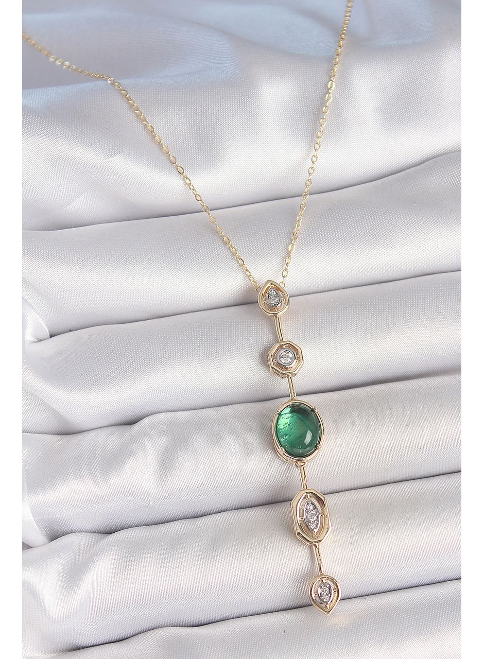 Pirinç Zincir Zümrüt Yeşil Gold Renk Zirkon Taşlı Y Kolye