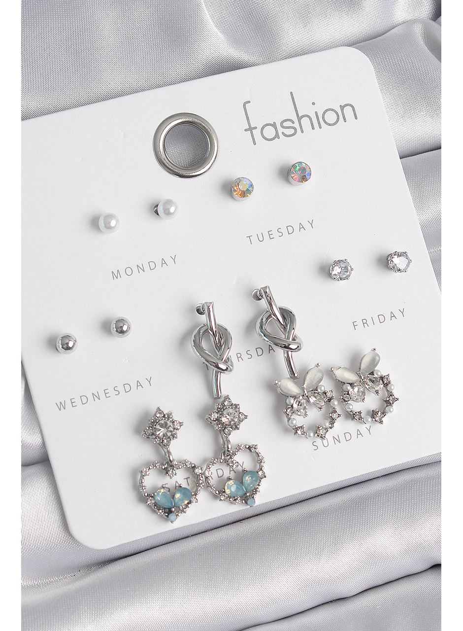 Pirinç Gümüş Renk Sallantı Zirkon Taşlı Kalp Model Düğüm Detay 7 Çift Kadın Küpe Seti